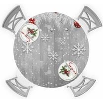 Christmas Snowflake Round Tablecloth for 36"-44" Tables, Waterproof Outdoor Table Cloths 44 Inch Round Fitted Tablecloth with Elastic, Xmas Balls Farmhouse Wooden Grain Grey Table Cloth Cover