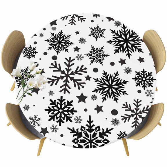 Christmas Snowflake Round Tablecloth, Fitted Table Cover with Elastic for 36"-44" Round Tables, Winter Xmas Simple Black White Table Cloth Outdoor Indoor Dinning Party Waterproof Tablecloths