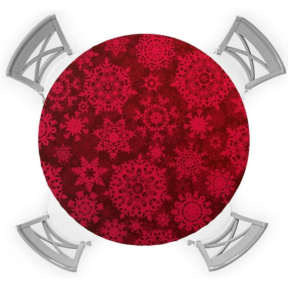 Christmas Snowflake Round Tablecloth Fitted Table Cover, Xmas Gradient Red Watercolor Art Elastic Tablecloths Waterproof Outdoor Indoor Stretch Cloth Tablecover for Dinner, Party, Shower, 36-44IN