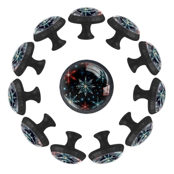 Christmas Snowflake Seamless Pattern 35MM Round Glass Cabinet Knobs, Kitchen Knobs for Drawer Dresser Cupboard Wardrobe Modern Pulls Handles Hardware, Set of 12