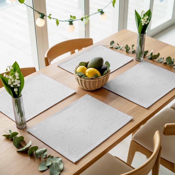 Christmas Snowflake Seamless Placemats Set of 4,Wipeable Washable Table Mats for Dining Tables, Winter White Snow Place Mats for Kitchen Event Party Tabletop Decor