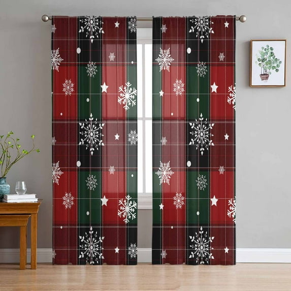Christmas Snowflake Sheer Curtains 72 Inches Long 2 Panels Set, Window Sheer Curtains for Living Room/Bedroom, Xmas Red Green Buffalo Plaid Check Light Filtering Rod Pocket Curtain 52'' x 72'' x 2
