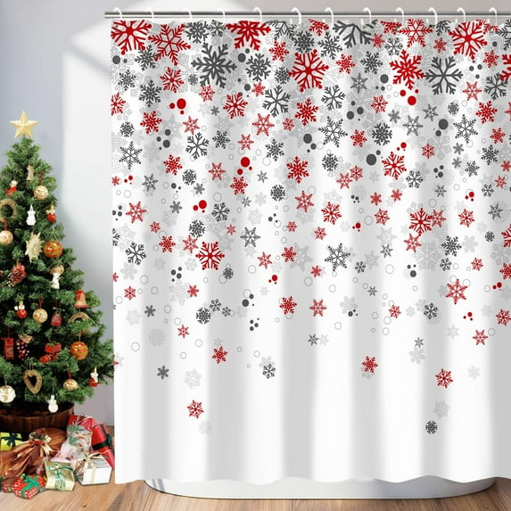 Christmas Snowflake Shower Curtain with 12 Hooks Christmas Bathroom Curtains Decor, Winter Xmas Christmas Shower Curtains for Bathroom Decorations, 72x72 Inch