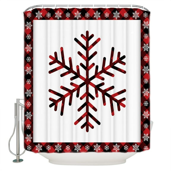 Christmas Snowflake Shower Curtain, 36" x 72", Red and Black Buffalo Plaid Waterproof Bathroom Curtain Washable Shower Curtain Set with 12 Hooks