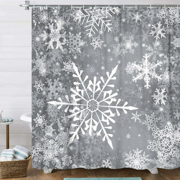Christmas Snowflake Shower Curtain Set, Christmas Shower Curtains for Bathroom, Winter Grey Shower Curtain Christmas Decorative Shower Curtains,72X72IN