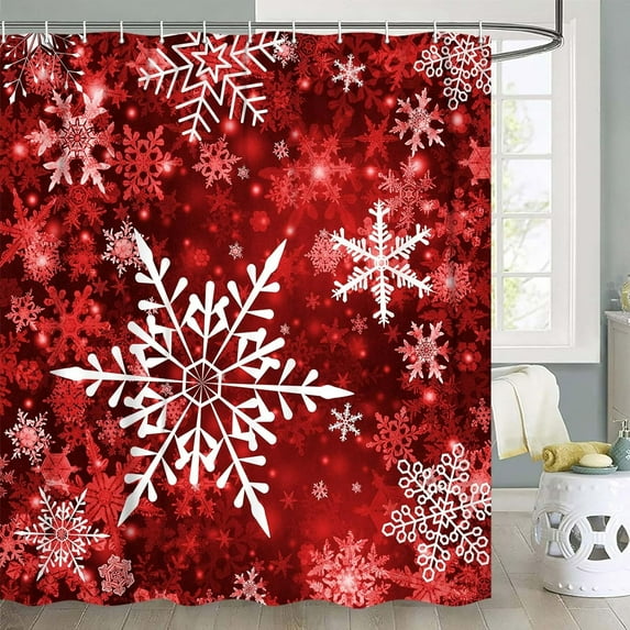 Christmas Snowflake Shower Curtain Set for Bathroom, Winter Red Decorative Curtains, 72X72IN