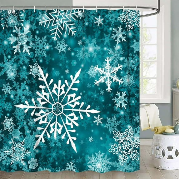 Christmas Snowflake Shower Curtain Set for Bathroom, Winter Teal Decorative Curtains, 36X72IN