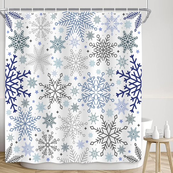 Christmas Snowflake Shower Curtain, Winter Holiday New Year Xmas Bathroom Shower Cutain Set, White Polyester Waterproof Bath Curtian Accessory Set 12 Hooks 72x72 inch