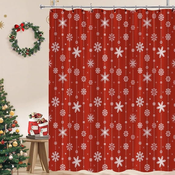 Christmas Snowflake Shower Curtain Winter Red White Holiday Merry Christmas Happy New Year Festival Fabric Bathroom Curtain with Hook