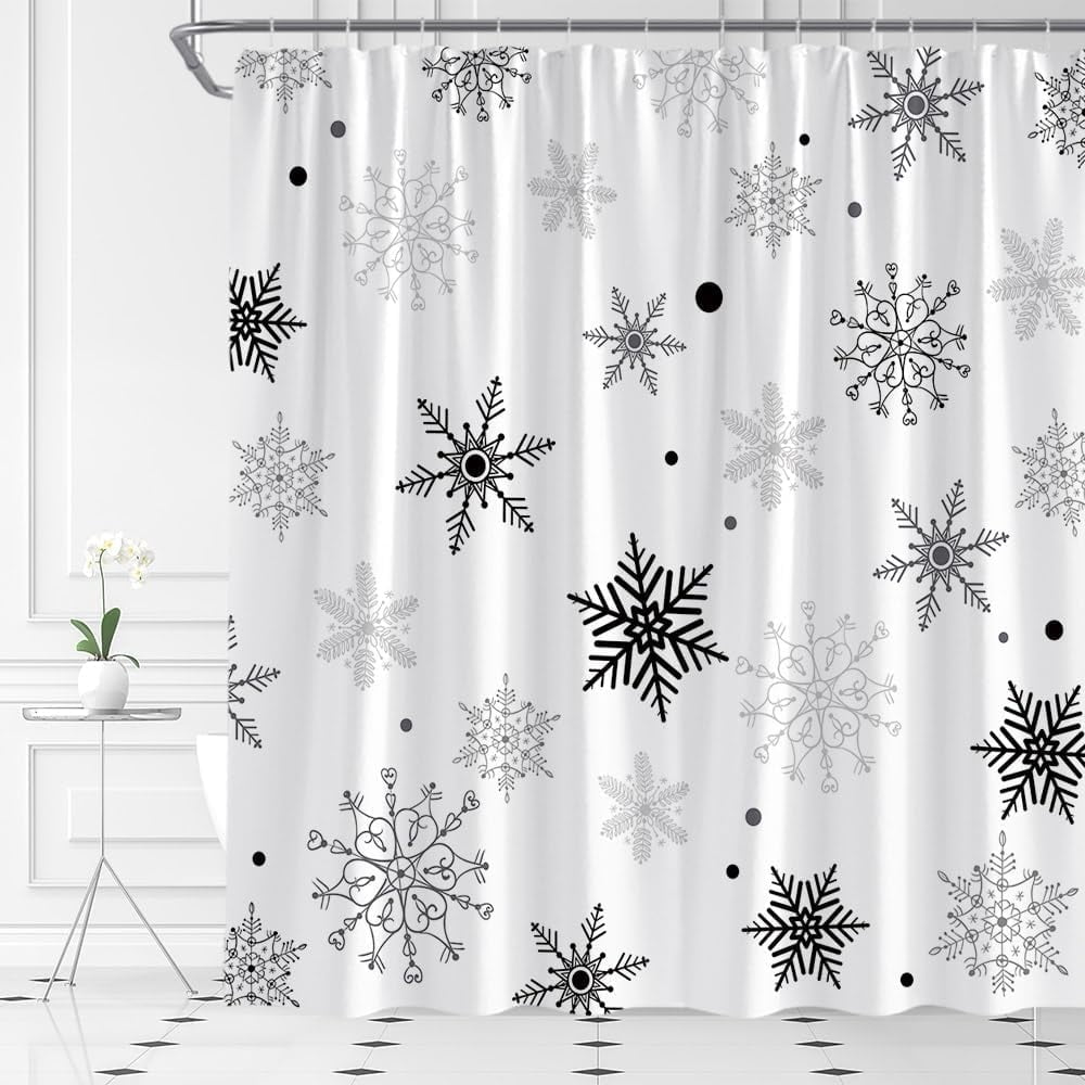 Christmas Snowflake Shower Curtain Winter Snowy Black Gray Merry Christmas Holidy Fabric Bathroom Curtain Set with Hooks(70" WX70 H)