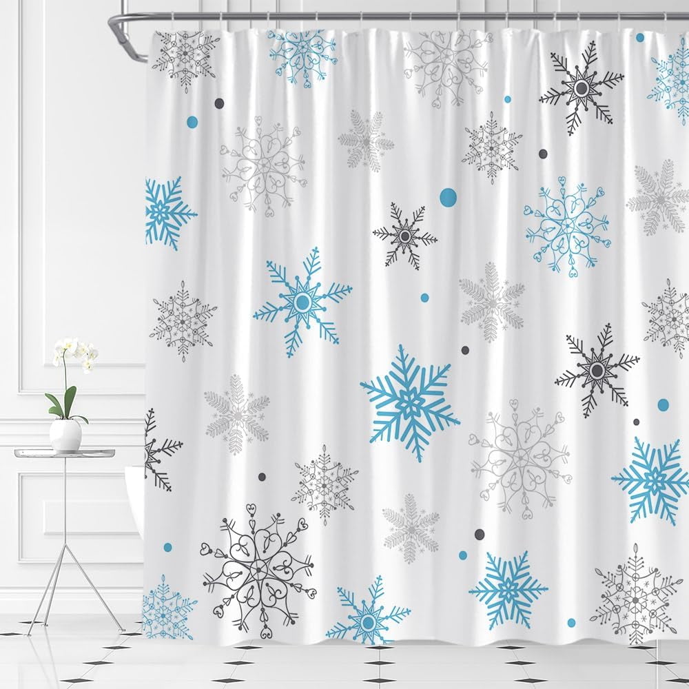 Christmas Snowflake Shower Curtain Winter Snowy Blue Gray Merry Christmas Holidy Fabric Bathroom Curtain Set with Hooks(70" WX70 H)