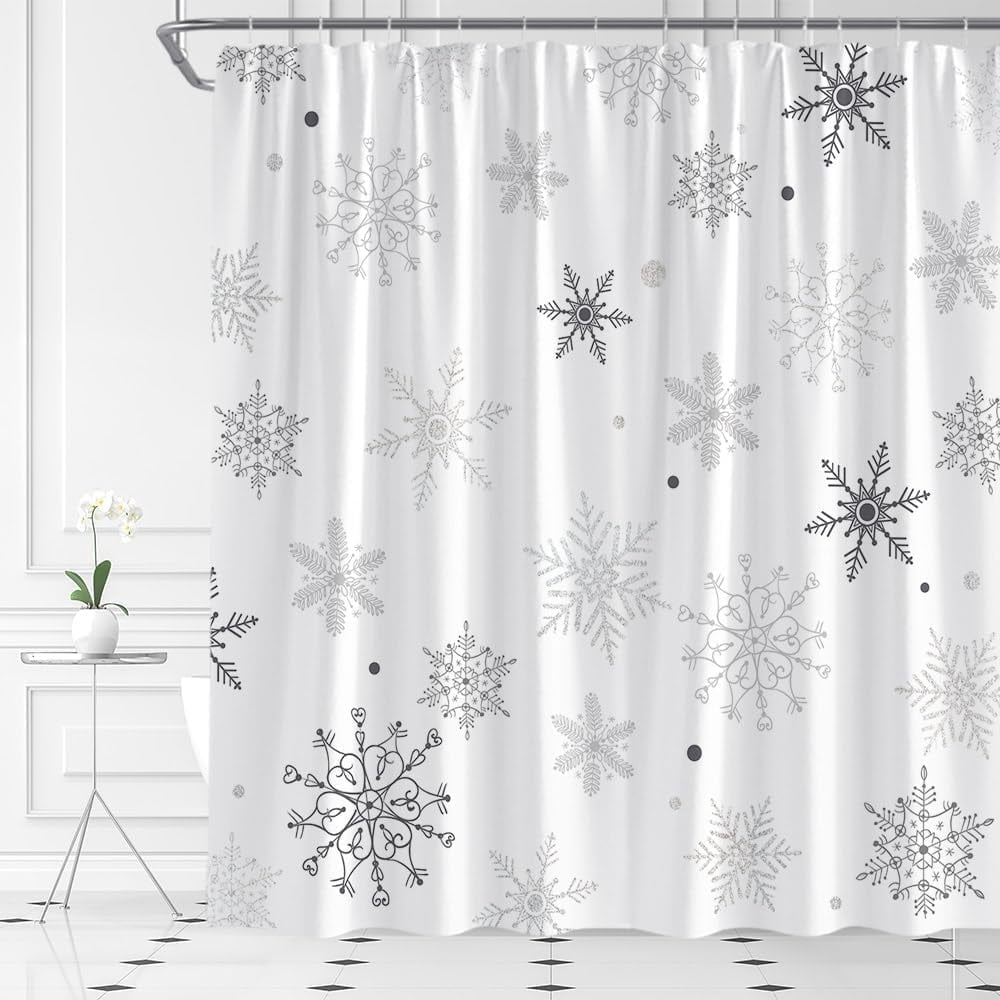 Christmas Snowflake Shower Curtain Winter Snowy Gray Merry Christmas Holidy Fabric Bathroom Curtain Set with Hooks(70" WX70 H)
