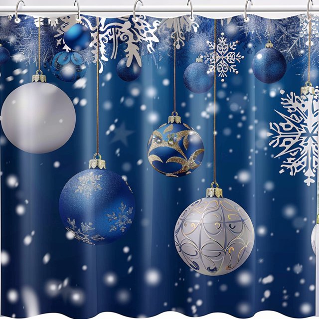 Christmas Snowflake Shower Curtain with Hanging Ornaments Festive Blue