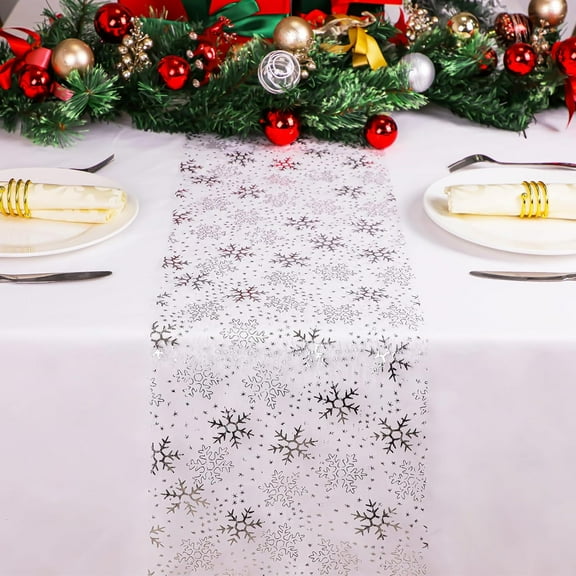 Christmas Snowflake Silver Table Runner 11 Inch x 9 Feet Sparkly Silver Foil Glitter Metallic Mesh Runners Dining Table Decorations for Seasonal Winter Xmas Festival Holiday Home Party