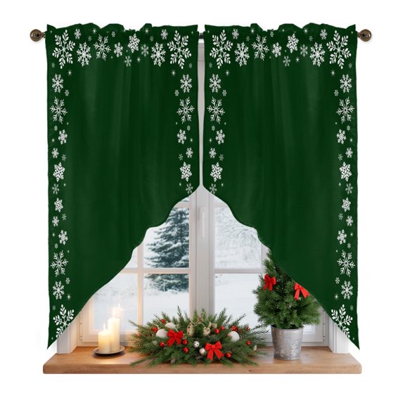 Christmas Snowflake Swag Curtain Valances for Kitchen, Winter Dreamy Romantic Green Snow Border Frame Rod Pocket Curtains Window Treatment Swag Valance for Bedroom Bathroom, 2 Panels 28 x 36 Inch
