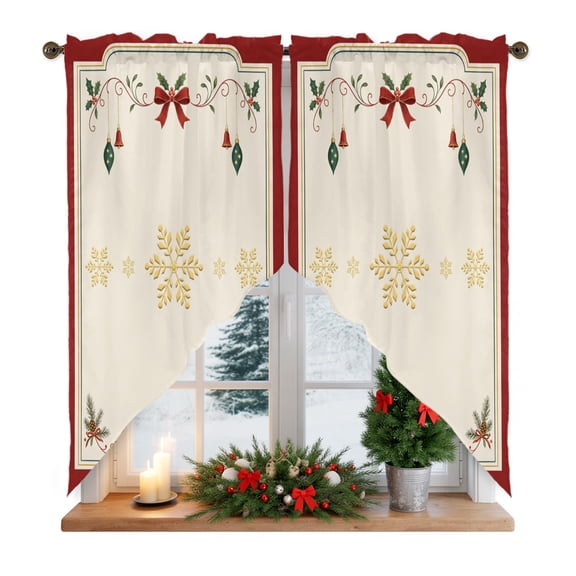 Christmas Snowflake Swag Curtain Valances for Kitchen, Winter Golden Snow Bell Pine Cone Bow Tie Rod Pocket Curtains Window Treatment Swag Valance for Bedroom Bathroom, 2 Panels 28 x 36 Inch