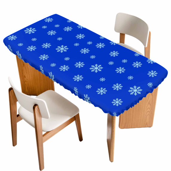 Christmas Snowflake Table Cloths for 4 Foot Rectangle Tables, Blue Xmas Winter Holiday Minimalist Patio Waterproof Elastic Fitted Tablecloths, Washable Rectangular Table Cover for Camping