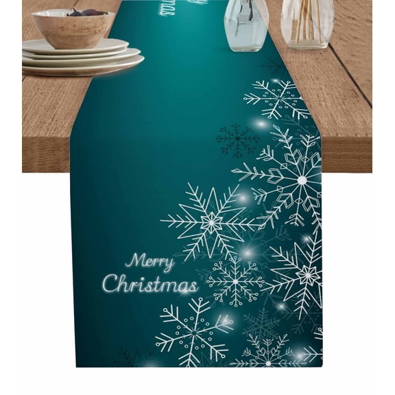 Christmas Snowflake Table Runner 108 Inches, Ombre Turquoise Teal Winter Xmas Gradient Bed Runner Dresser Scarves Tabletop for Indoor Outdoor Parties/Ceremony/Banquet, 13"x 108"