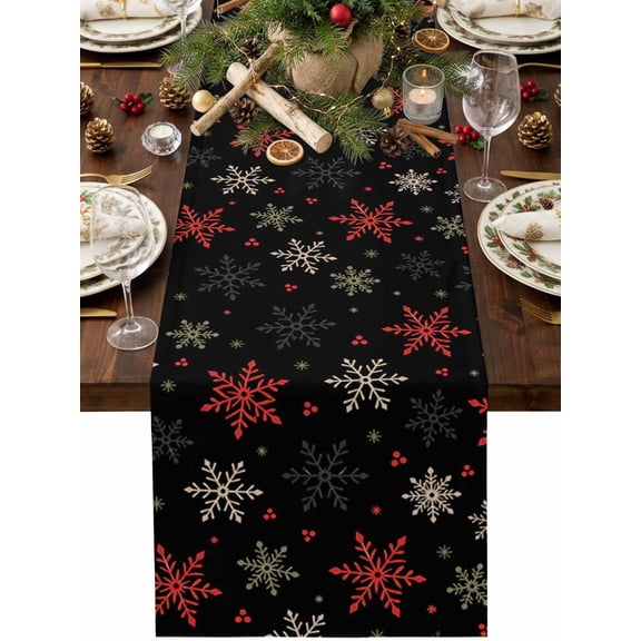 Christmas Snowflake Table Runner 72 Inches Long, Rustic Red Black Black Winter Snow Pattern Cotton Linen Dining Table Runner Dresser Scarves for Home Kitchen Party Decor 13"x72"