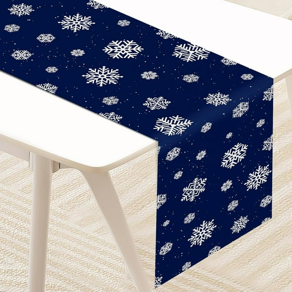Christmas Snowflake Table Runner 72 x 13 Inch Decorations, Blue Linen Burlap White Snowfall Pattern Table Cover, Seasonal Holiday Table Decor for Kitchen Dining Fireplace