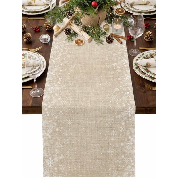 Christmas Snowflake Table Runner, Xmas Snowflake Rustic Farmhouse Washable Cotton Linen Table Runners 36 Inches Long, Dresser Scarf Runner for Nightstand/End Tables/Round Tables 13''x36''