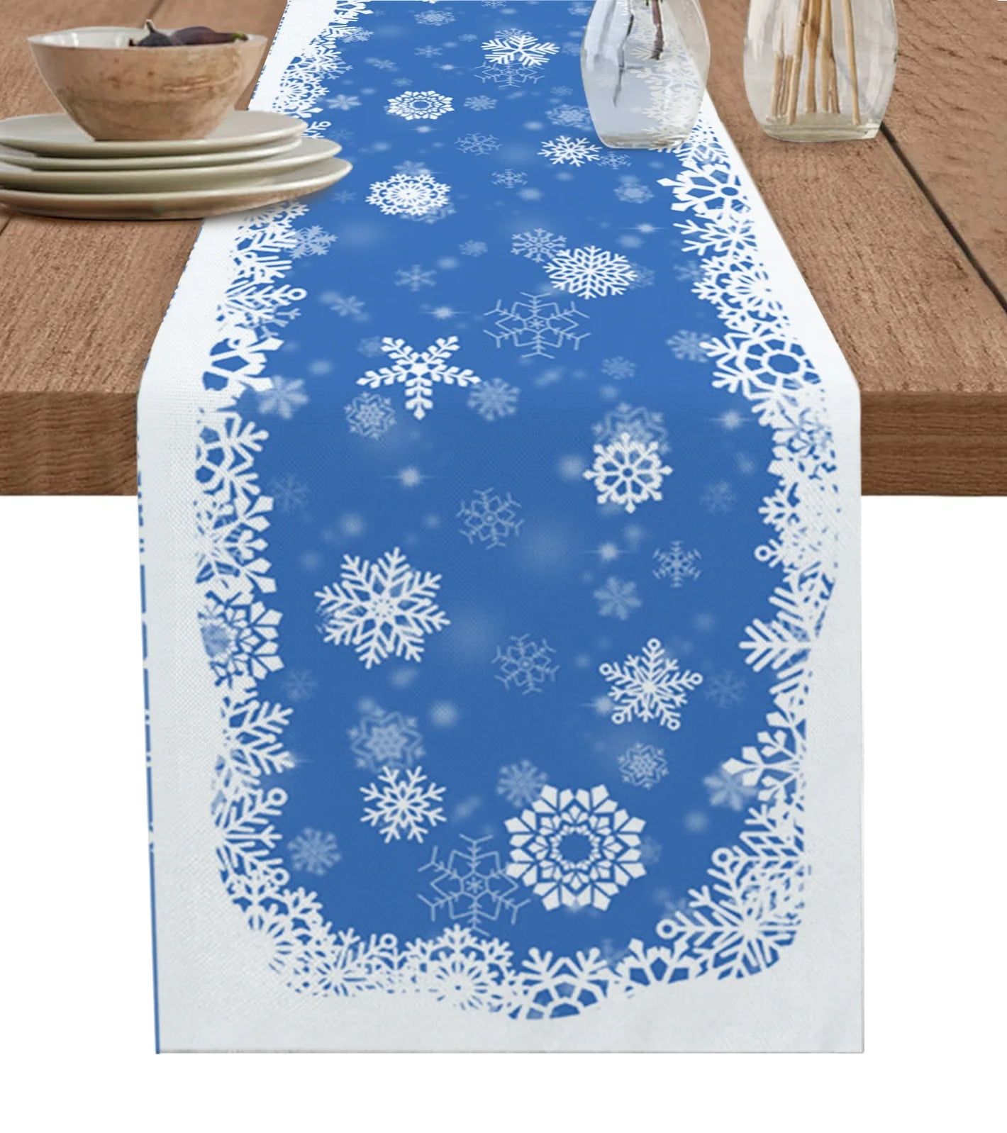Christmas Snowflake Texture Blue Table Runner Mats Wedding Coffee Decor