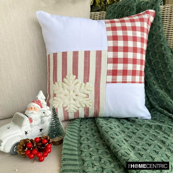 Christmas Snowflake Throw Pillow cover, 16"x16" Red Cotton Cushion Cover, Country & Farmhouse Striped Holiday Decor Pillow Cover For Sofa Couch, Hotels, living Room, Bed Room - Snowflake Check