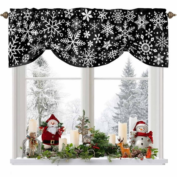 Christmas Snowflake Tie Up Valances Curtain, Retro Abstract Winter Black Texture Adjustable Rod Pocket Short Window Treatment Tie Up Curtains Valances for Kitchen Living Room Bathroom 42x18 Inches