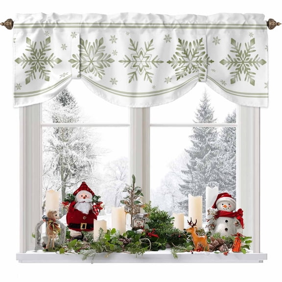 Christmas Snowflake Tie Up Valances Curtain, Winter Sage Green Snowflake Texture Adjustable Rod Pocket Short Window Treatment Tie Up Curtains Valances for Kitchen Living Room Bathroom 42x12 Inches