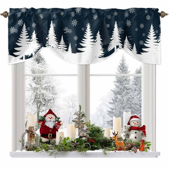 Christmas Snowflake Tie Up Valances Curtain, Winter White Pine Tree Minimalist Adjustable Rod Pocket Short Window Treatment Tie Up Curtains Valances for Kitchen Living Room Bathroom 42x18 Inches