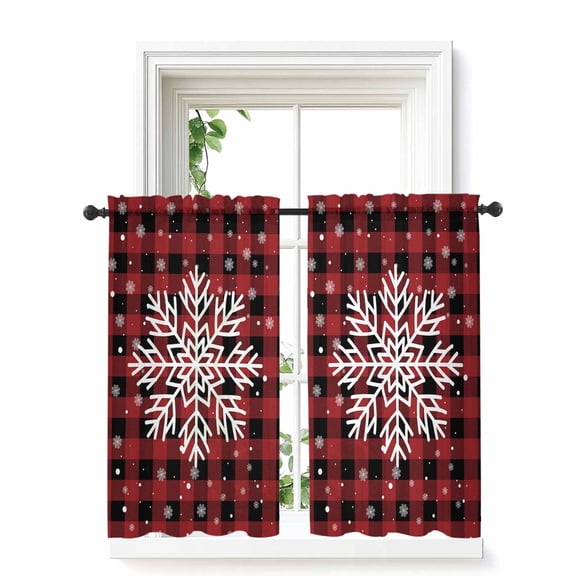 Christmas Snowflake Tier Curtains 45 Inch Length,Sheer Curtains for Bedroom Living Room Window Winter Snwoflake Red Black Plaid Voile Drapes Kitchen Curtains Small Half Window 27.5"x45" 2 Panels