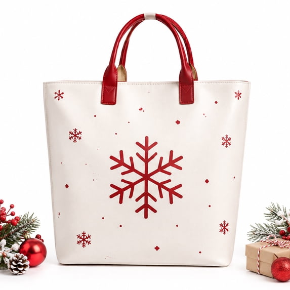 Christmas Snowflake Tote Bag for Women, Cream Holiday Handbag with Red Handles, Large Festive Everyday Carry Bag with Spacious Interior