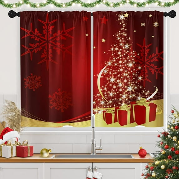 Christmas Snowflake Tree Kitchen Window Curtains Over Sink Set of 2, Red Gold Winter Xmas Rod Pocket Short Tier Curtains, Christmas Small Kitchen Decor (26x36 Inch)