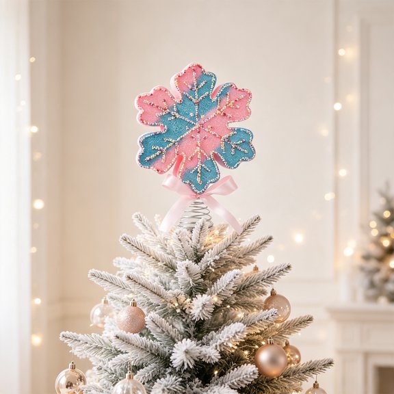 Christmas Snowflake Tree Topper, Glitter Beaded Ornament, Sweet Holiday Tree Accent, Attaches with Spring Base and Shows Candy-Colored Detailing for Tree Top, Mantel Display, and Tabletop.