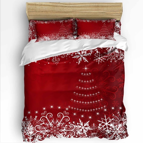 Christmas Snowflake Twin Size Comforter Set, Abstract Geometric Tree Snowflakes Dark Red Bedding for All Seasons, 4 Pcs Bed Set with 1 Comforter (68"x86") ,1Sheet(66"x116"), 2 Pillowcases (19"x29")