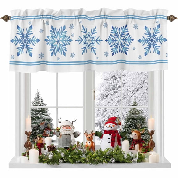 Christmas Snowflake Valances for Windows, 42 x 18in, Blue Vintage Winter Vintage Abstract Rod Pocket Kitchen Valance Curtain Light Filtering Window Treatments for Living Room Bedroom, 1 Panel