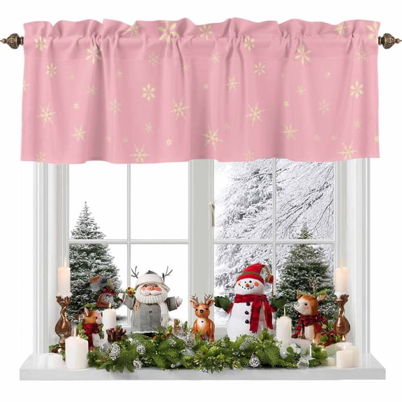 Christmas Snowflake Valances for Windows, 42 x 18in, Winter Pink Retro Texture Rod Pocket Kitchen Valance Curtain Light Filtering Window Treatments for Living Room Bedroom, 1 Panel