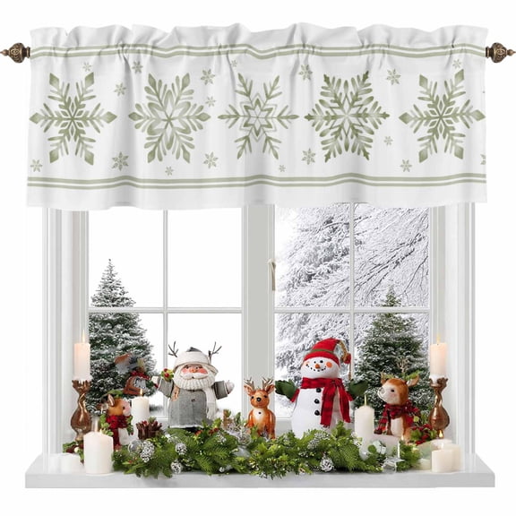 Christmas Snowflake Valances for Windows, 42 x 18in, Winter Sage Green Snowflake Texture Rod Pocket Kitchen Valance Curtain Light Filtering Window Treatments for Living Room Bedroom, 1 Panel