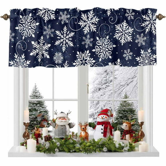 Christmas Snowflake Valances for Windows, 42 x 18in, Winter Vintage Classic Texture Rod Pocket Kitchen Valance Curtain Light Filtering Window Treatments for Living Room Bedroom, 1 Panel