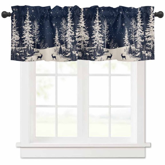 Christmas Snowflake Valances for Windows, Elk Pine Trees Winter Deep Blue Light Filtering Window Treatment Valances, Rod Pocket Small Curtains for Kitchen/Bathroom, 42"x12"