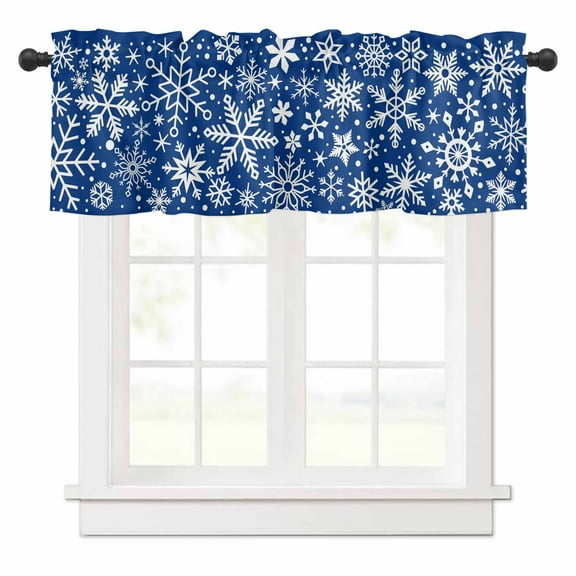Christmas Snowflake Valances for Windows Retro Abstract Winter Blue Texture Rod Pocket Curtain Valance Window Treatment Short Curtains for Kitchen Living Room, 60"x18"