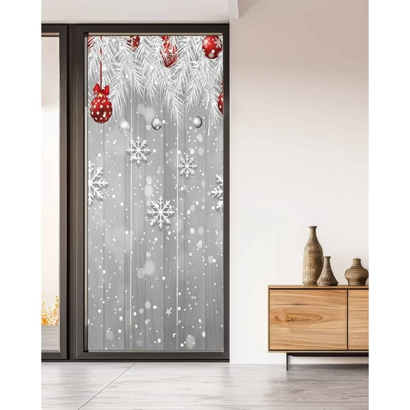 Christmas Snowflake Window Privacy Film Stained Glass Window Film Decorative Windows Cover Static Windows Cling for Glass Door Xmas Balls Farmhouse Wooden Grain Grey Stickers for Bathroom 35.4"x78.7"