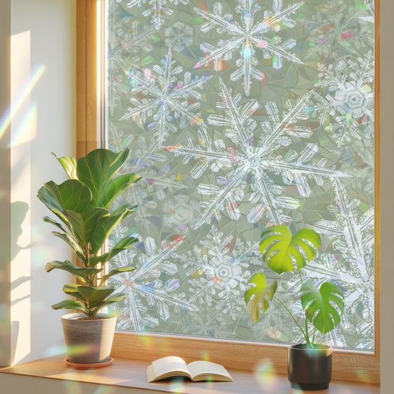 Christmas Snowflake Window Privacy Film, Winter Farmhouse Country Sage Green Snow Static Cling Stained Glass Window Sticker Decorative Removable Rainbow Film for Glass 17.7”x39.3”
