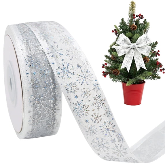 Christmas Snowflake Wired Organza Ribbon Christmas Ribbon Christmas Gift Ribbon Satin Ribbon Bow Making Trim for Xmas Tree Wreath Gift Wrapping Holiday DIY Craft 1Roll