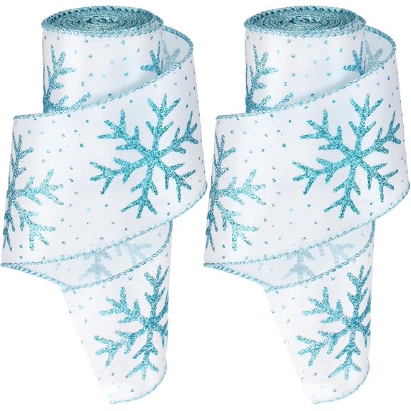 Christmas Snowflake Wired Ribbon 2.5 Inches 2 Rolls Satin Glittered Snowflake Wired Edge Christmas Ribbon for Tree Gift Wrapping Home Decorations Bow DIY Craft 12 Yard