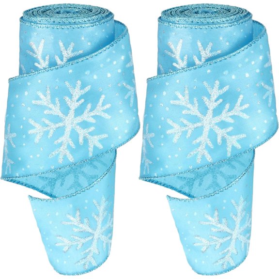 Christmas Snowflake Wired Ribbon 2.5 Inches 2 Rolls Satin Glittered Snowflake Wired Edge Christmas Ribbon for Tree Gift Wrapping Home Decorations Bow DIY Craft 12 Yard