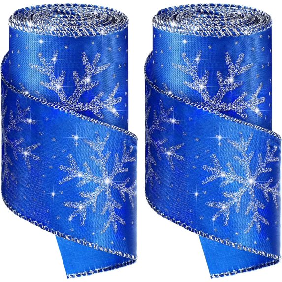 Christmas Snowflake Wired Ribbon 2.5 Inches 2 Rolls Satin Glittered Snowflake Wired Edge Christmas Ribbon for Tree Gift Wrapping Home Decorations Bow DIY Craft 12 Yard