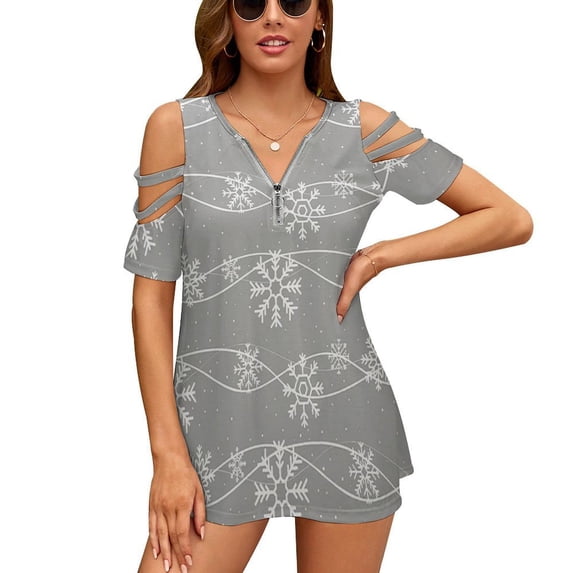 Christmas Snowflake Womens Summer V Neck Zipper Top Short Sleeve T Shirt Off Shoulder Top Casual Classy Loose Shirts