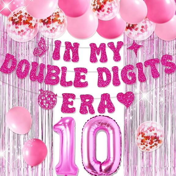 10th Birthday Party Decoration Set - Two-digit Sweet Girlish Glitter Letter Bunting and Tassel Curtain with Number 10 Balloons