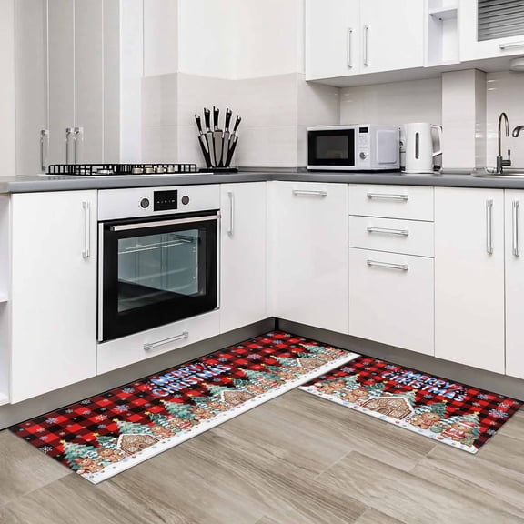 Christmas Snowflakes 2 Pieces Non-Slip Kitchen Mat Set Winter Gingerbread Man Xmas Tree Plaid Soft Door Mat with Rubber Backing,Dirtproof Rugs for Entrance Doorway 23.6x35.4in+23.6x70.9in